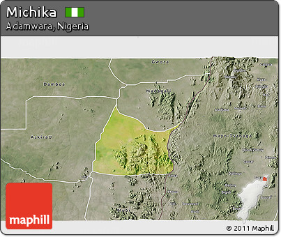 Satellite 3D Map of Michika, semi-desaturated