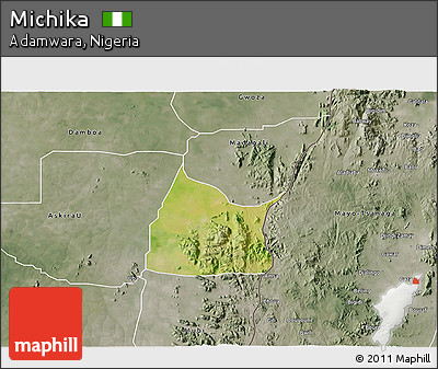 Satellite 3D Map of Michika, semi-desaturated