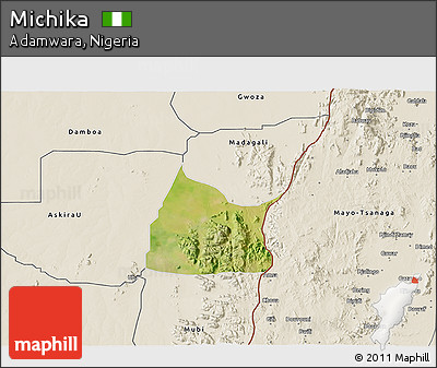 Satellite 3D Map of Michika, shaded relief outside