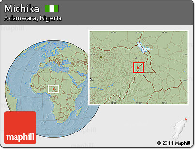 Savanna Style Location Map of Michika, hill shading