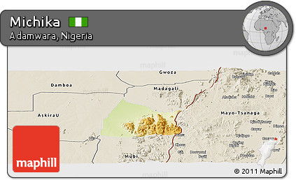Physical Panoramic Map of Michika, shaded relief outside