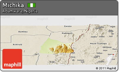 Physical Panoramic Map of Michika, shaded relief outside