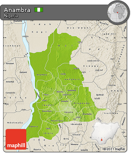 Physical Map of Anambra, shaded relief outside