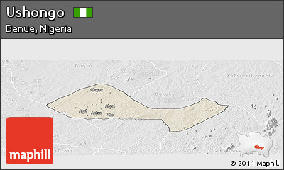 Shaded Relief Panoramic Map of Ushongo, lighten, desaturated
