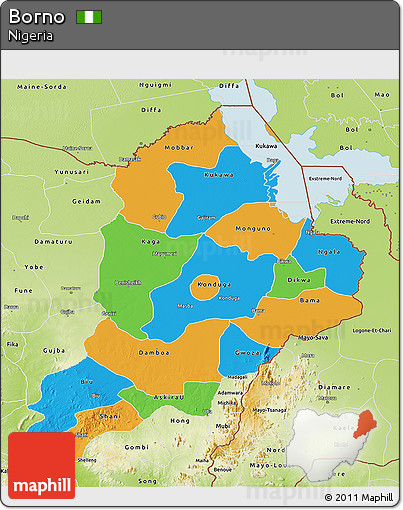 Political 3D Map of Borno, physical outside