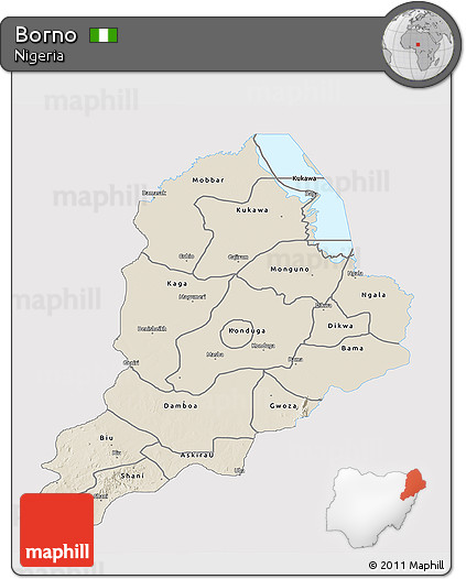 Shaded Relief 3D Map of Borno, single color outside