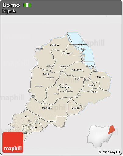 Shaded Relief 3D Map of Borno, single color outside