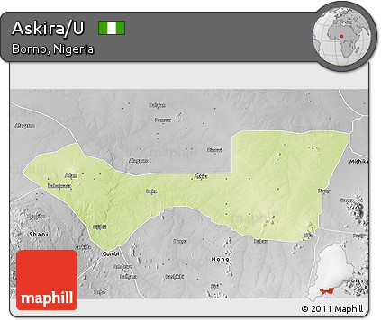 Physical 3D Map of Askira/U, desaturated