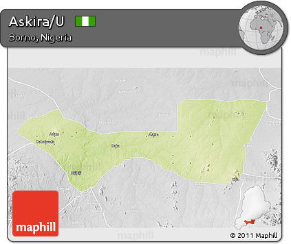 Physical 3D Map of Askira/U, lighten, desaturated