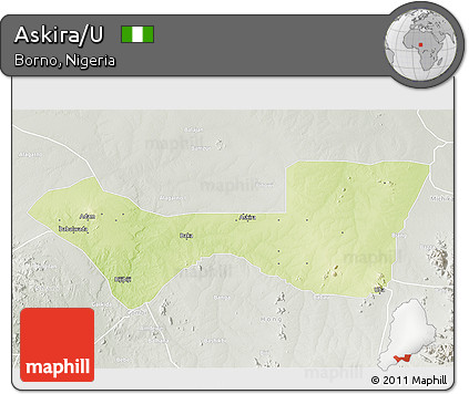 Physical 3D Map of Askira/U, lighten, semi-desaturated