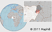 Gray Location Map of Askira/U, highlighted country, highlighted parent region, hill shading
