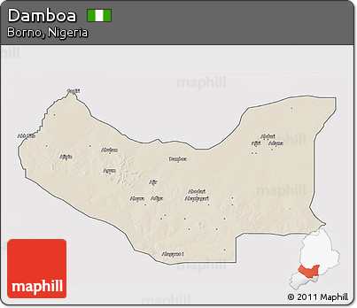 Shaded Relief 3D Map of Damboa, single color outside