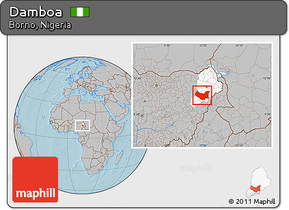 Gray Location Map of Damboa, highlighted parent region, hill shading
