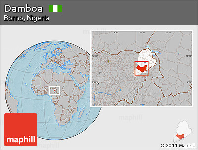 Gray Location Map of Damboa, highlighted parent region, hill shading
