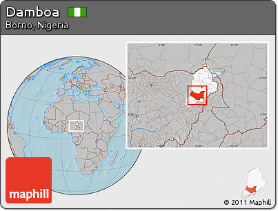 Gray Location Map of Damboa, highlighted parent region, hill shading