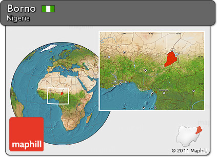 Satellite Location Map of Borno, within the entire country