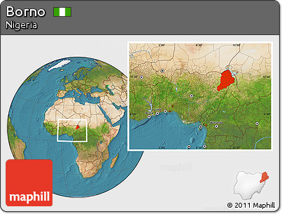 Satellite Location Map of Borno, within the entire country