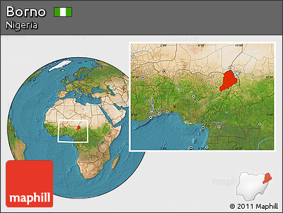 Satellite Location Map of Borno, within the entire country