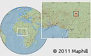 Savanna Style Location Map of Monguno, within the entire country, hill shading