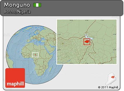 Savanna Style Location Map of Monguno, hill shading