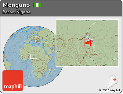 Savanna Style Location Map of Monguno, hill shading