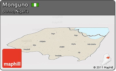 Shaded Relief Panoramic Map of Monguno, single color outside