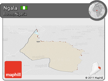 Shaded Relief Panoramic Map of Ngala, lighten, desaturated
