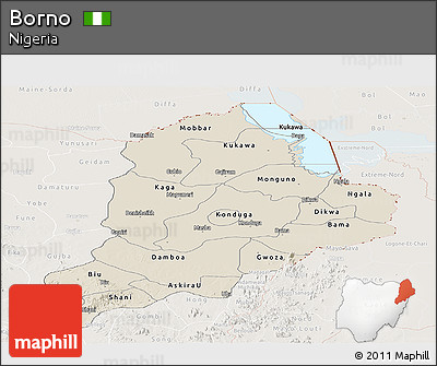 Shaded Relief Panoramic Map of Borno, lighten