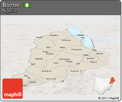 Shaded Relief Panoramic Map of Borno, lighten