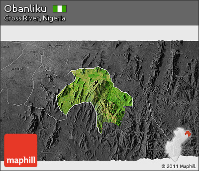 Satellite 3D Map of Obanliku, darken, desaturated