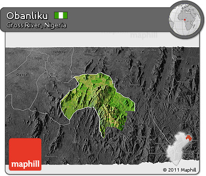 Satellite 3D Map of Obanliku, darken, desaturated