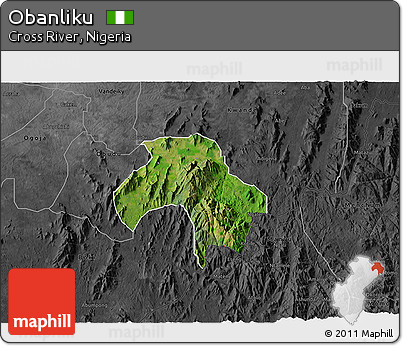 Satellite 3D Map of Obanliku, darken, desaturated