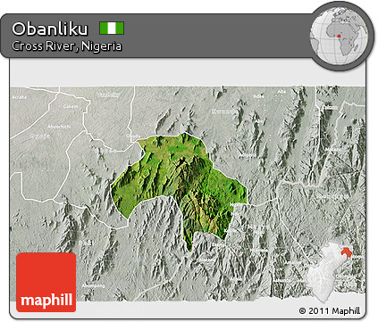 Satellite 3D Map of Obanliku, lighten, semi-desaturated