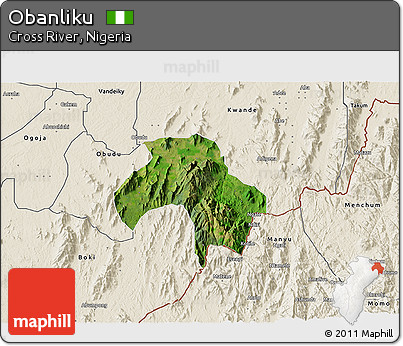 Satellite 3D Map of Obanliku, shaded relief outside