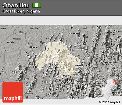 Shaded Relief 3D Map of Obanliku, darken, semi-desaturated