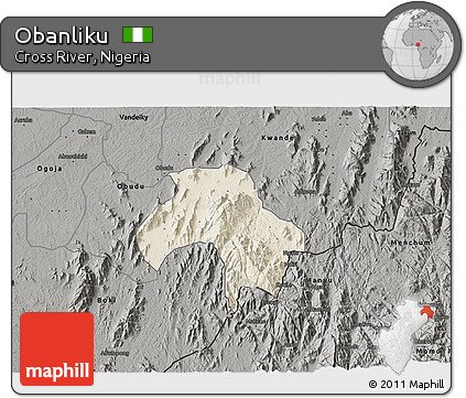 Shaded Relief 3D Map of Obanliku, darken, semi-desaturated