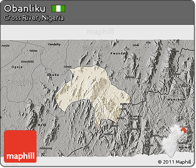 Shaded Relief 3D Map of Obanliku, darken, semi-desaturated