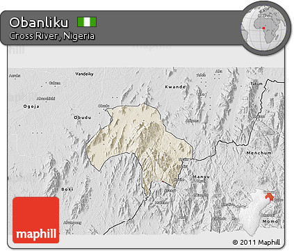Shaded Relief 3D Map of Obanliku, desaturated