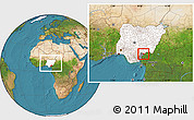 Satellite Location Map of Obanliku, highlighted country, highlighted parent region, within the entire country