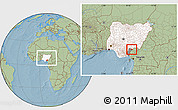 Savanna Style Location Map of Obanliku, highlighted country, highlighted parent region, within the entire country, hill shading