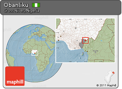 Savanna Style Location Map of Obanliku, highlighted country, highlighted parent region, hill shading