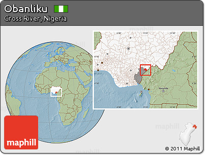 Savanna Style Location Map of Obanliku, highlighted country, highlighted parent region, hill shading