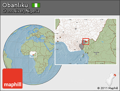 Savanna Style Location Map of Obanliku, highlighted country, highlighted parent region, hill shading