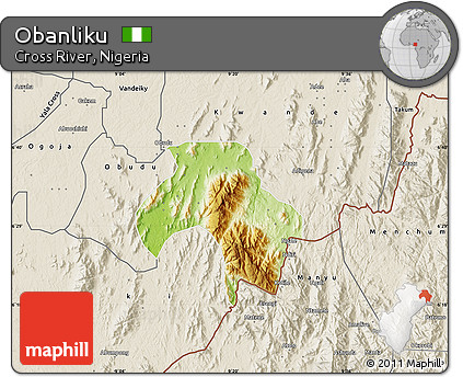 Physical Map of Obanliku, shaded relief outside