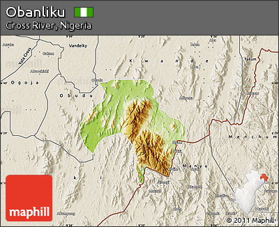 Physical Map of Obanliku, shaded relief outside