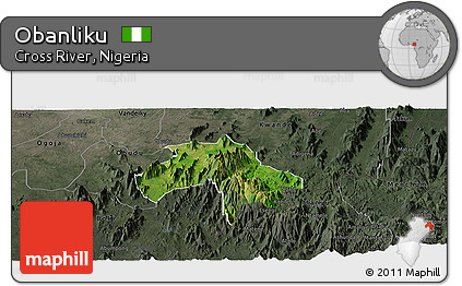 Satellite Panoramic Map of Obanliku, darken, semi-desaturated