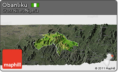 Satellite Panoramic Map of Obanliku, darken, semi-desaturated