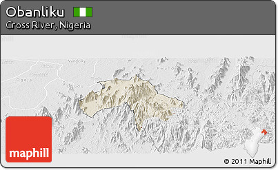 Shaded Relief Panoramic Map of Obanliku, lighten, desaturated