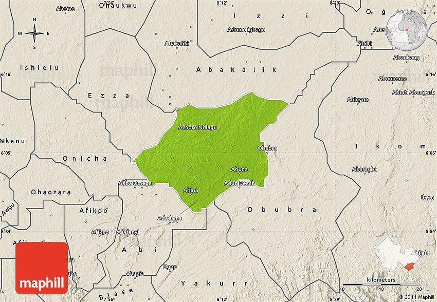 Physical Map of Ikwo, shaded relief outside