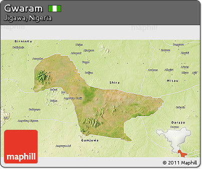 Satellite 3D Map of Gwaram, physical outside